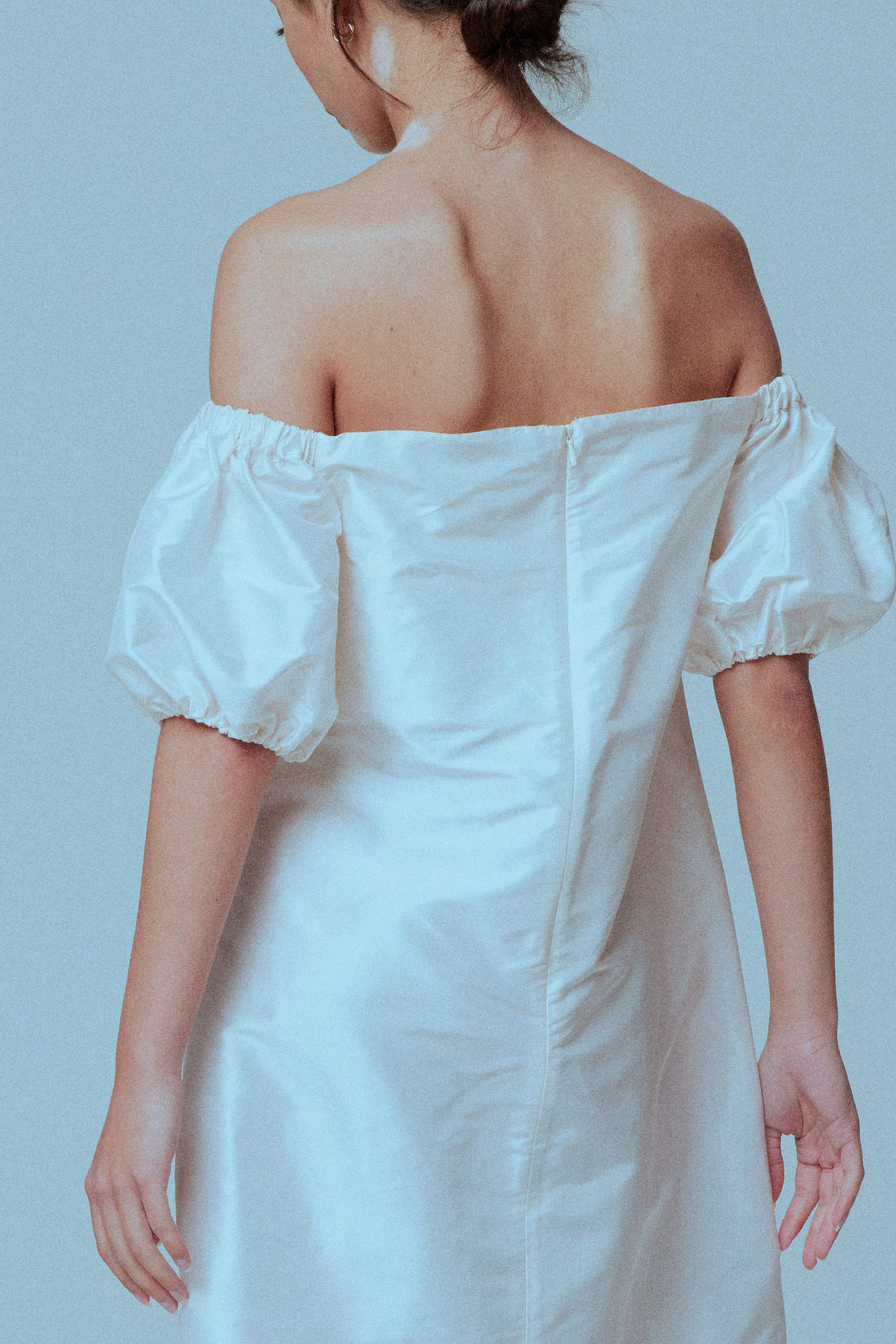 Silk Off Shoulder Puff Sleeve Dress
